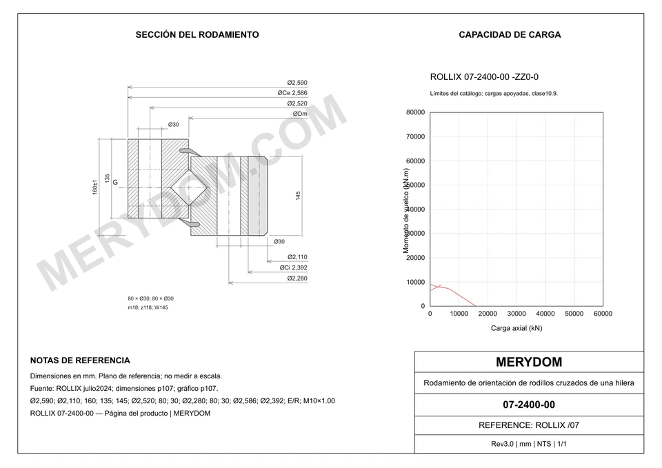 Plano CAD de la corona de giro de sustitución MERYDOM para ROLLIX 07-2400-00, con dimensiones y orificios de montaje.