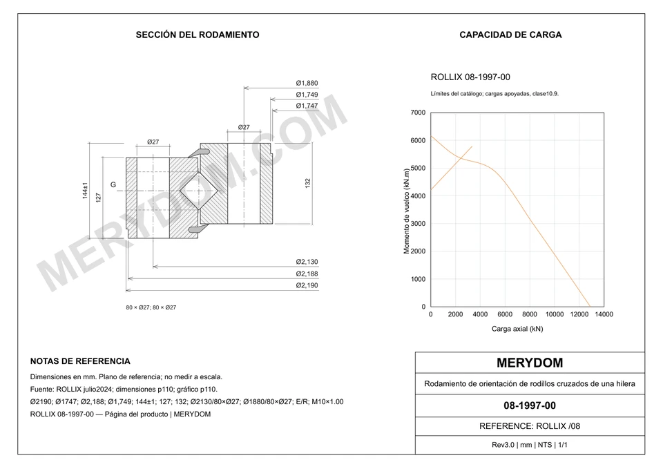 Plano CAD de la corona de giro de sustitución MERYDOM para ROLLIX 08-1997-00, con dimensiones y orificios de montaje.