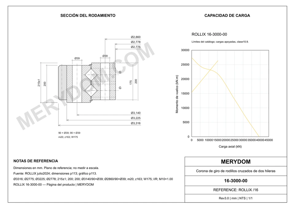 Plano CAD de la corona de giro de sustitución MERYDOM para ROLLIX 16-3000-00, con dimensiones y orificios de montaje.