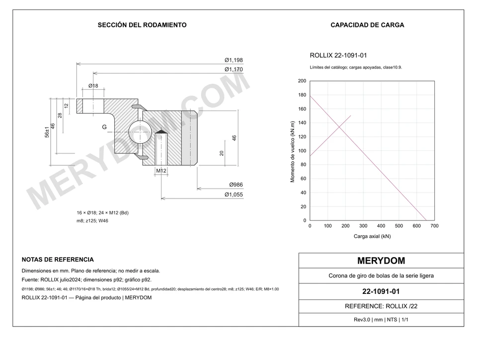 Plano CAD de la corona de giro de sustitución MERYDOM para ROLLIX 22-1091-01, con dimensiones y orificios de montaje.