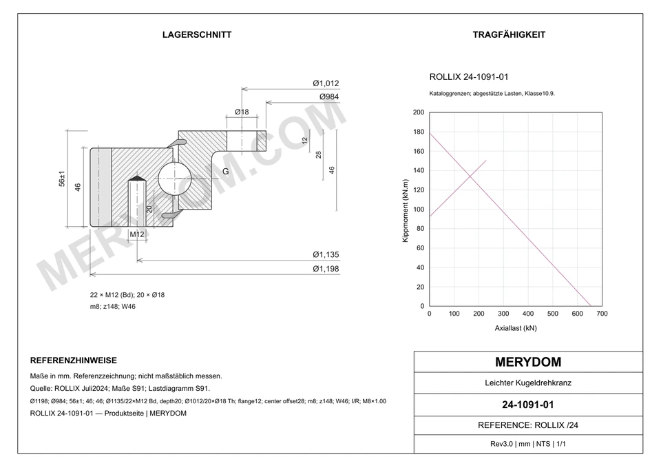 CAD-Zeichnung des MERYDOM-Ersatzdrehkranzes für ROLLIX 24-1091-01 mit Abmessungen und Befestigungsbohrungen.