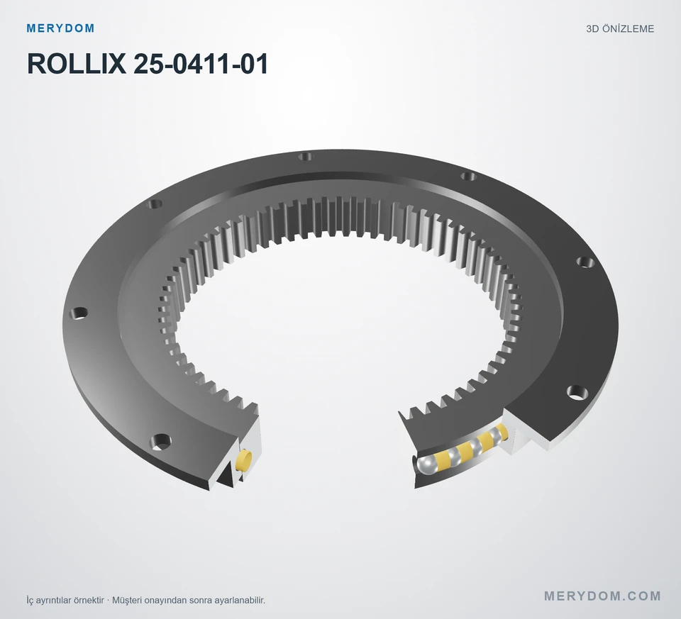 ROLLIX 25-0411-01 için MERYDOM muadil döner tabla rulmanının 3D model önizlemesi.