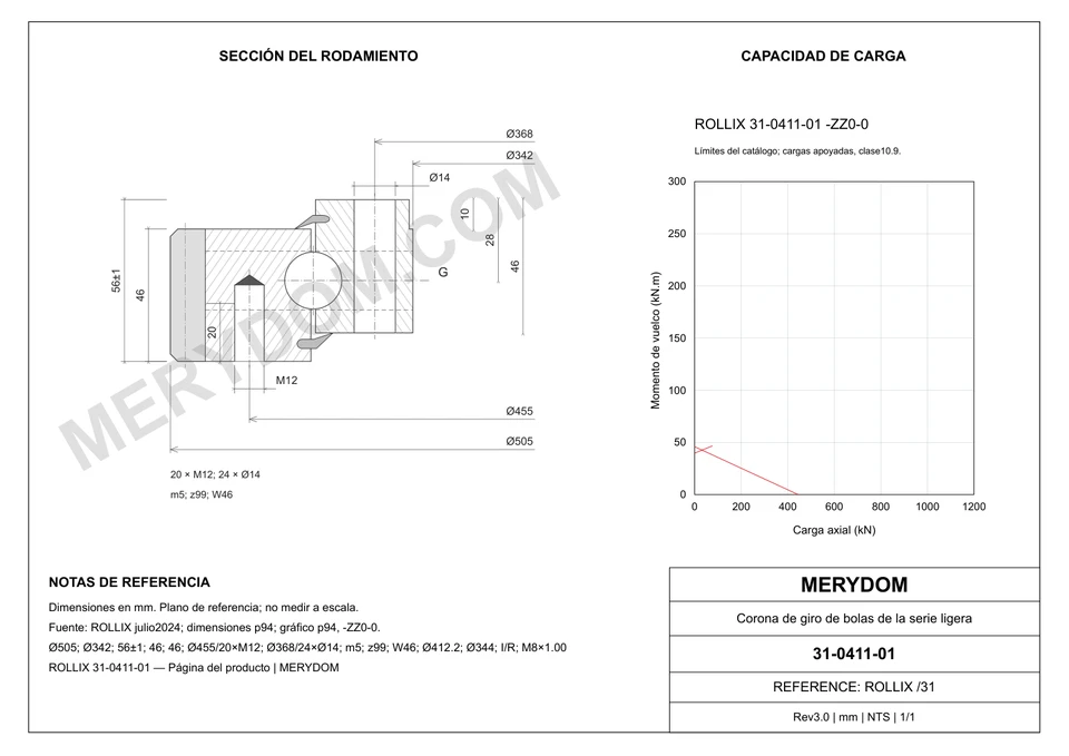 Plano CAD de la corona de giro de sustitución MERYDOM para ROLLIX 31-0411-01, con dimensiones y orificios de montaje.