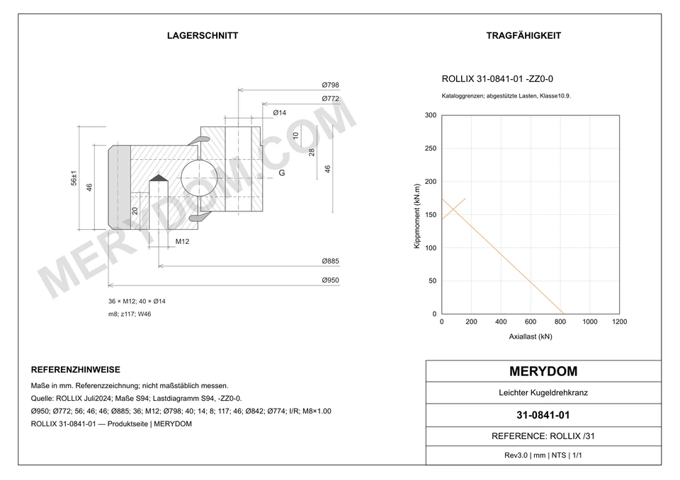 CAD-Zeichnung des MERYDOM-Ersatzdrehkranzes für ROLLIX 31-0841-01 mit Abmessungen und Befestigungsbohrungen.