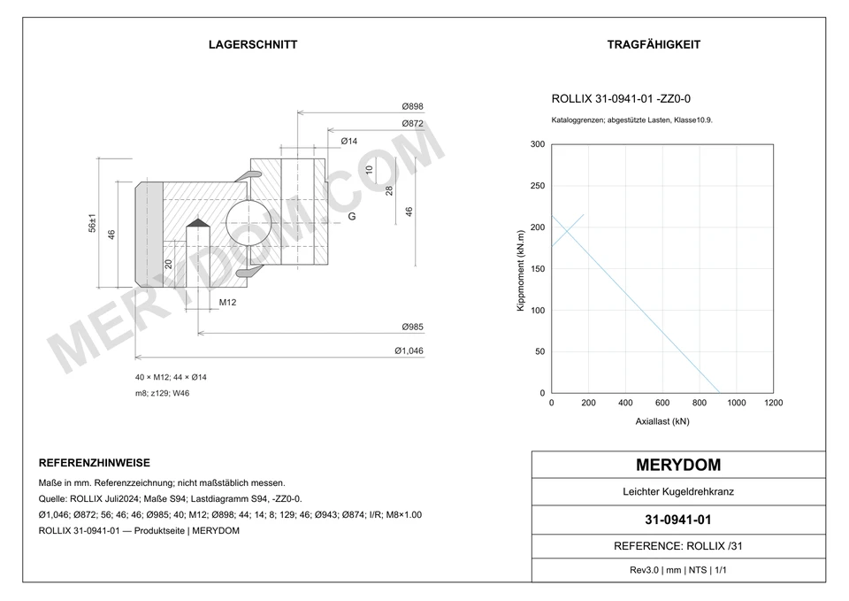 CAD-Zeichnung des MERYDOM-Ersatzdrehkranzes für ROLLIX 31-0941-01 mit Abmessungen und Befestigungsbohrungen.