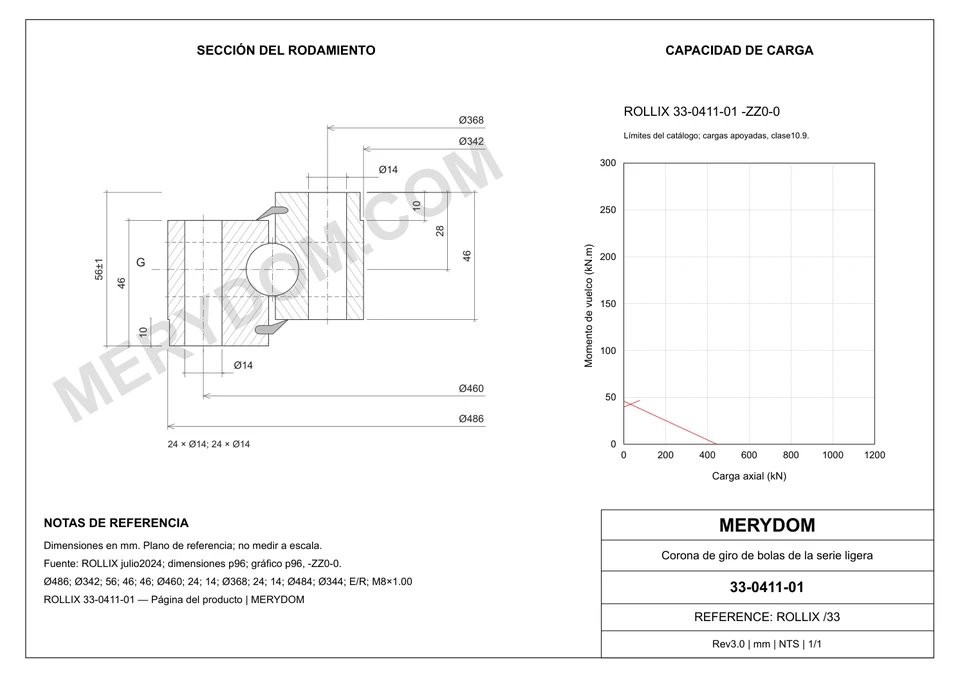 Plano CAD de la corona de giro de sustitución MERYDOM para ROLLIX 33-0411-01, con dimensiones y orificios de montaje.