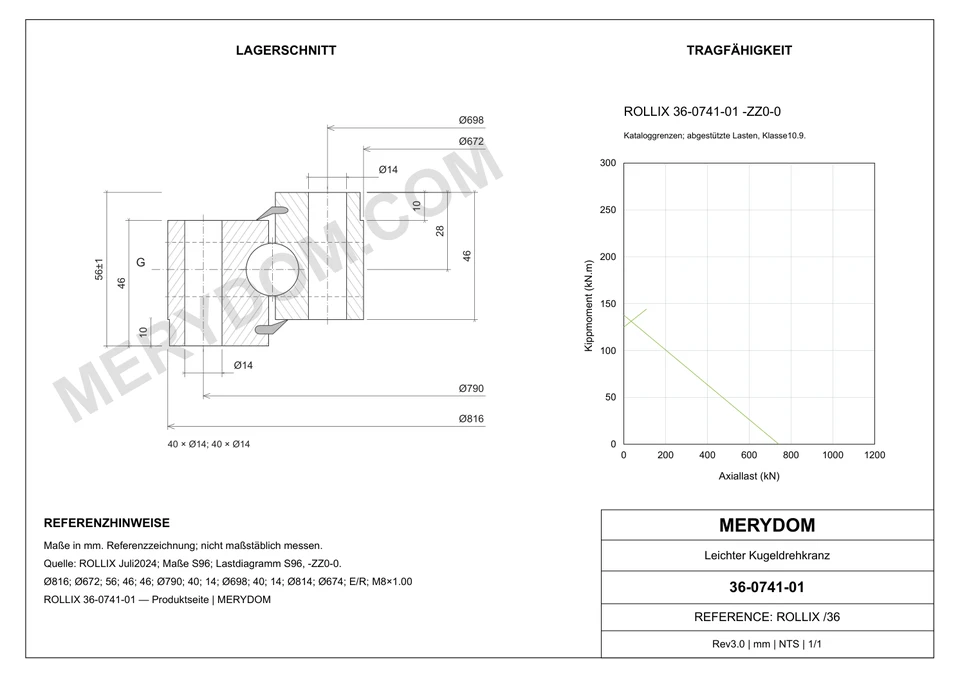CAD-Zeichnung des MERYDOM-Ersatzdrehkranzes für ROLLIX 36-0741-01 mit Abmessungen und Befestigungsbohrungen.