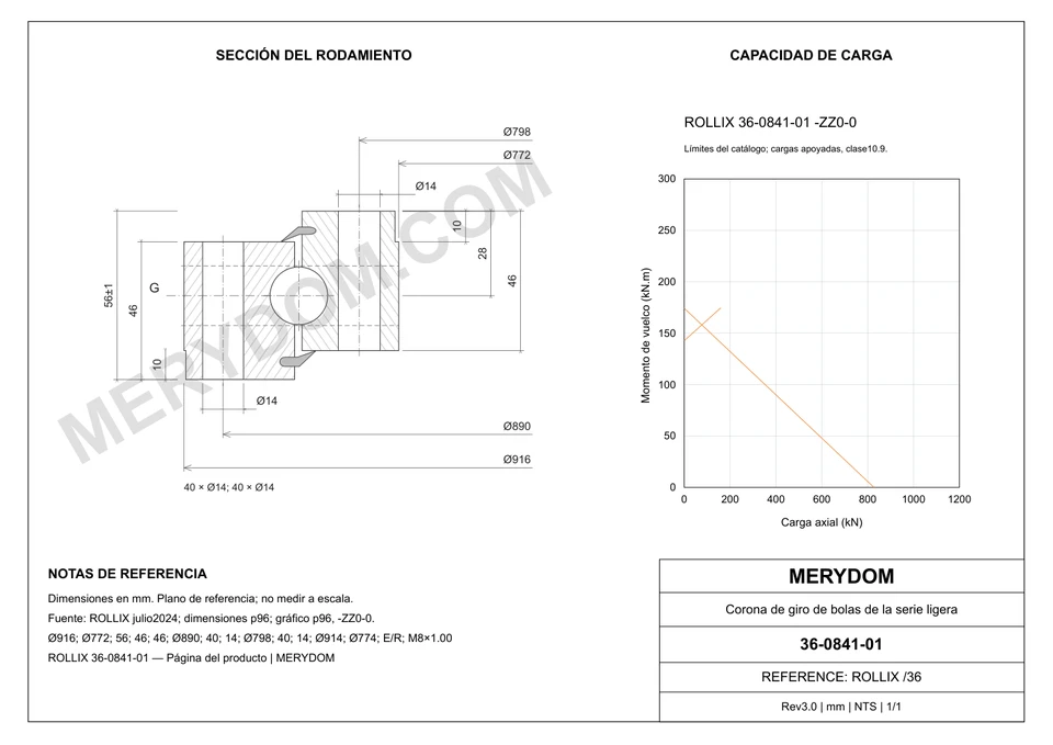 Plano CAD de la corona de giro de sustitución MERYDOM para ROLLIX 36-0841-01, con dimensiones y orificios de montaje.