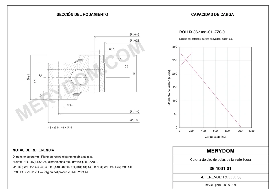 Plano CAD de la corona de giro de sustitución MERYDOM para ROLLIX 36-1091-01, con dimensiones y orificios de montaje.