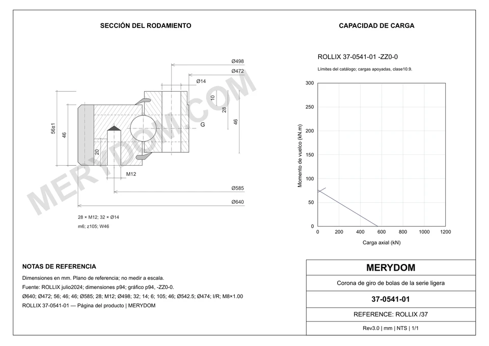 Plano CAD de la corona de giro de sustitución MERYDOM para ROLLIX 37-0541-01, con dimensiones y orificios de montaje.