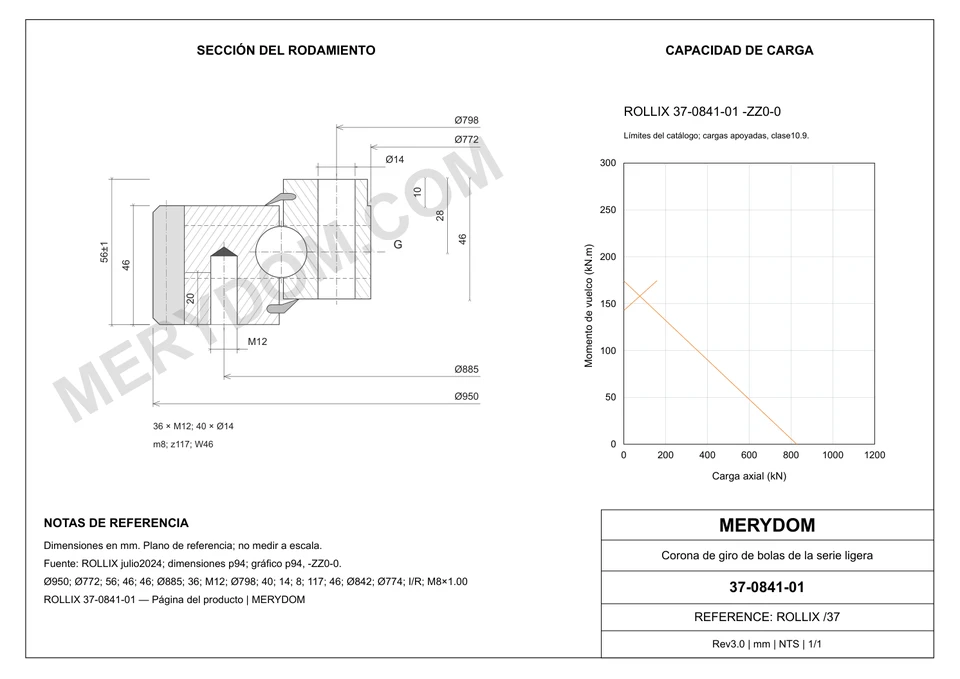 Plano CAD de la corona de giro de sustitución MERYDOM para ROLLIX 37-0841-01, con dimensiones y orificios de montaje.