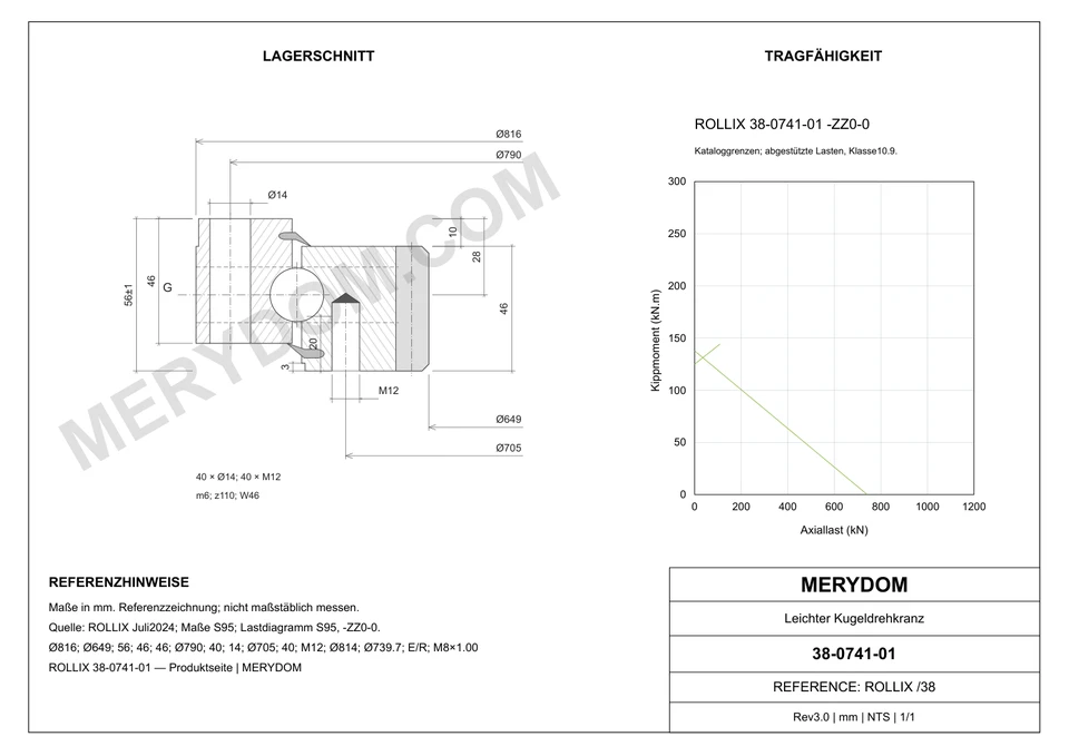 CAD-Zeichnung des MERYDOM-Ersatzdrehkranzes für ROLLIX 38-0741-01 mit Abmessungen und Befestigungsbohrungen.