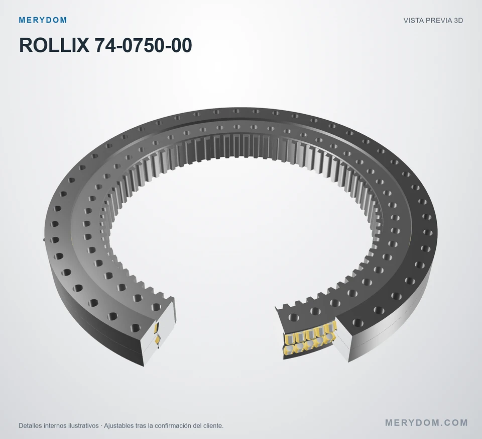 Vista previa del modelo 3D de la corona de giro de sustitución MERYDOM para ROLLIX 74-0750-00.