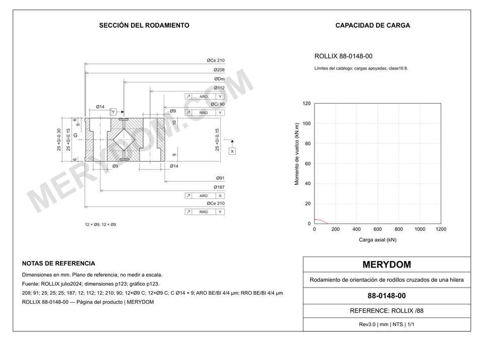 Plano CAD de la corona de giro de sustitución MERYDOM para ROLLIX 88-0148-00, con dimensiones y orificios de montaje.
