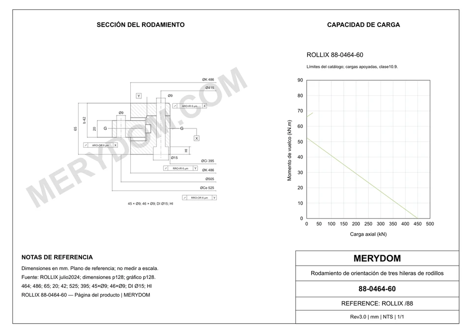 Plano CAD de la corona de giro de sustitución MERYDOM para ROLLIX 88-0464-60, con dimensiones y orificios de montaje.