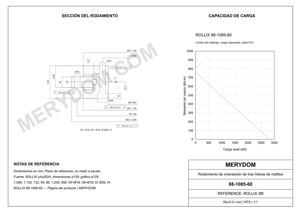 Plano CAD de la corona de giro de sustitución MERYDOM para ROLLIX 88-1085-60, con dimensiones y orificios de montaje.