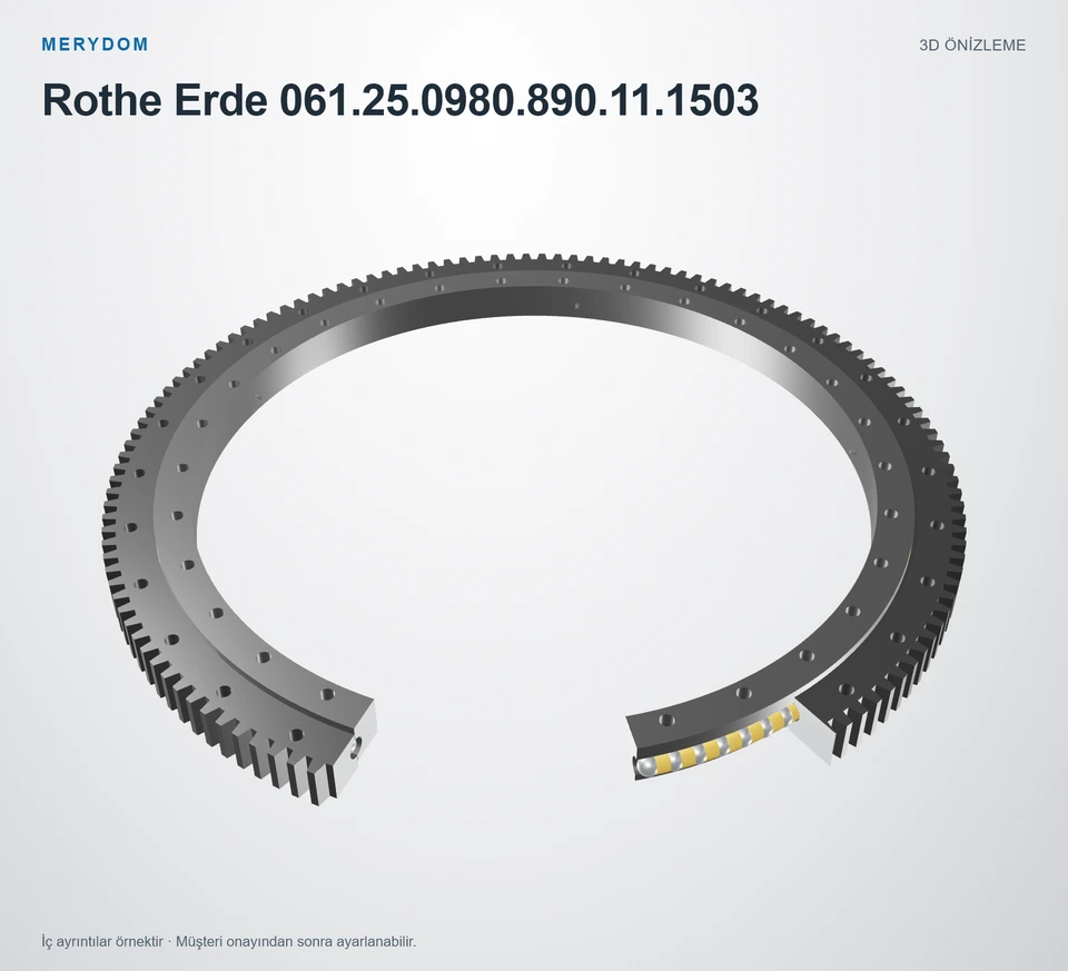Rothe Erde 061.25.0980.890.11.1503 için MERYDOM muadil döner tabla rulmanının 3D model önizlemesi.