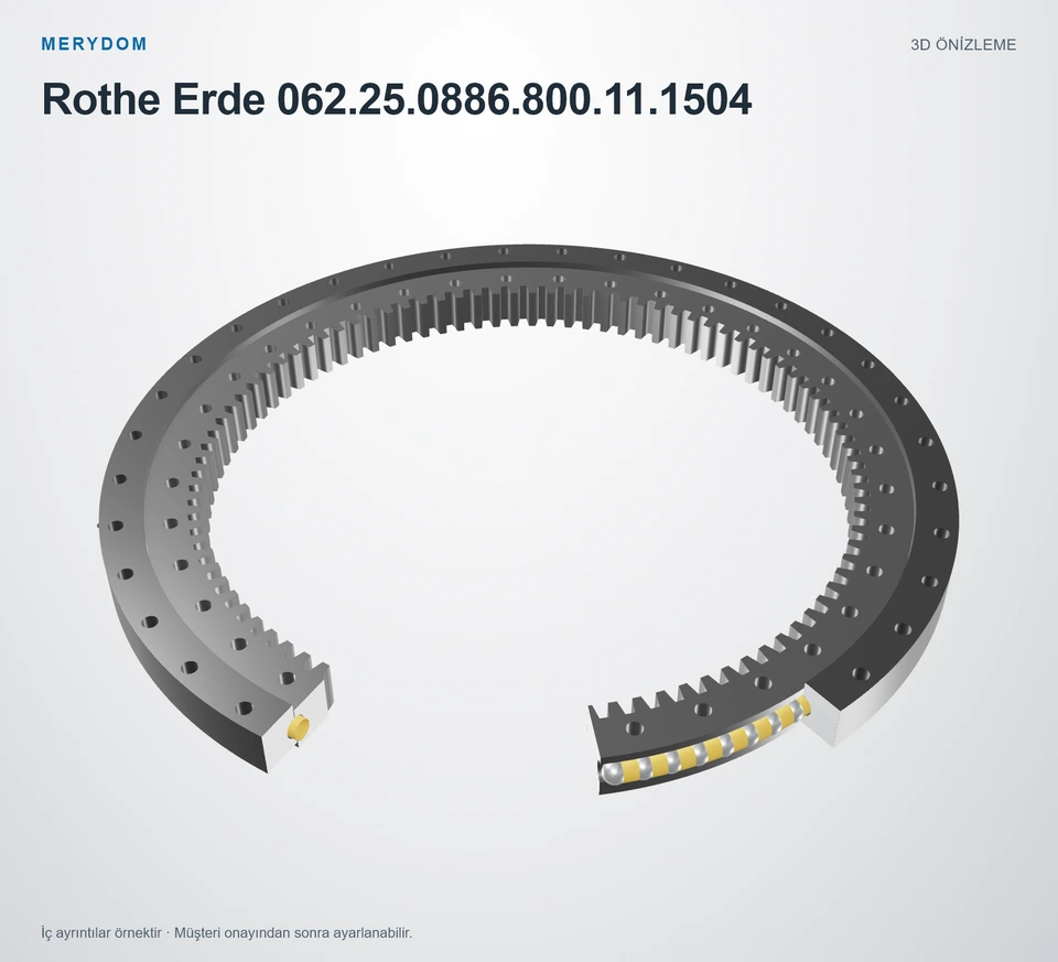 Rothe Erde 062.25.0886.800.11.1504 için MERYDOM muadil döner tabla rulmanının 3D model önizlemesi.