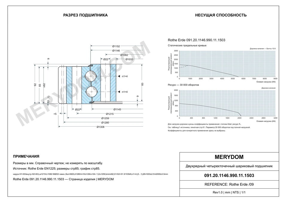 CAD-чертёж опорно-поворотного устройства MERYDOM для замены Rothe Erde 091.20.1146.990.11.1503 с размерами и монтажными отверстиями.