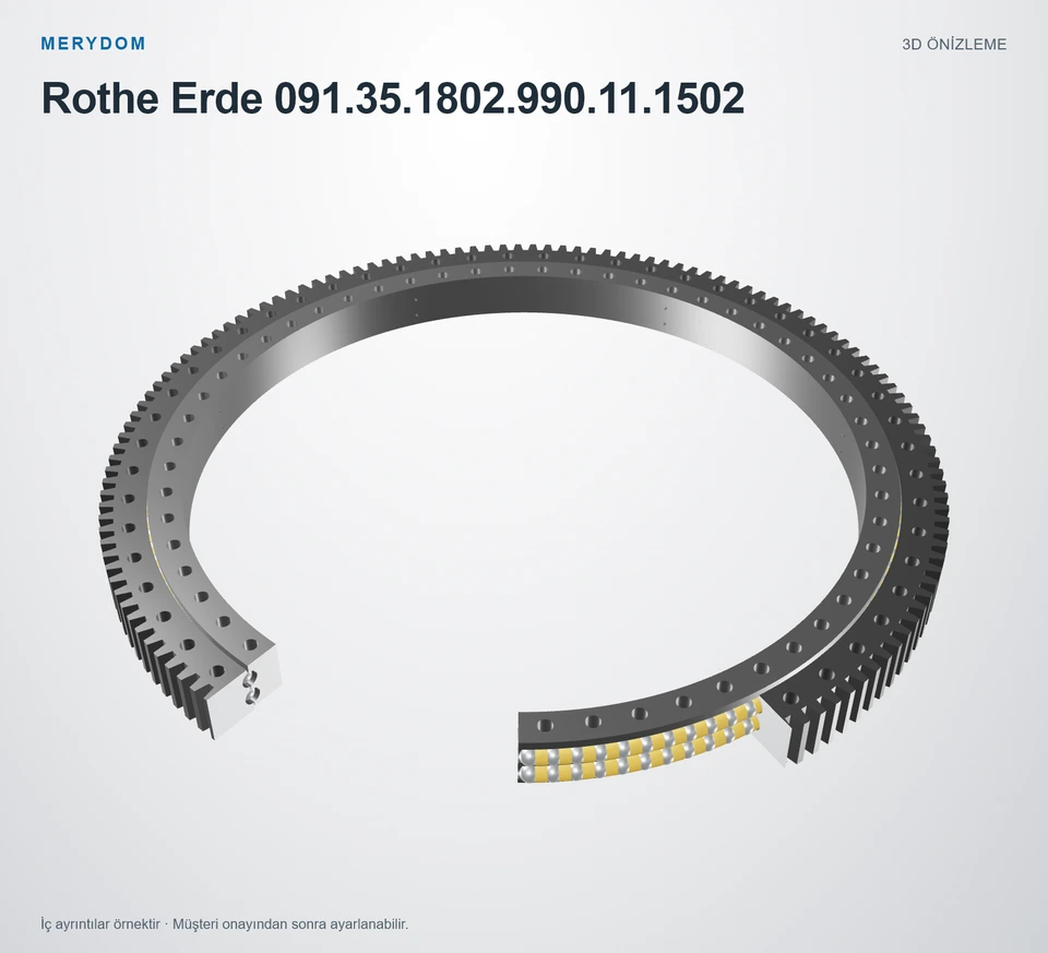 Rothe Erde 091.35.1802.990.11.1502 için MERYDOM muadil döner tabla rulmanının 3D model önizlemesi.