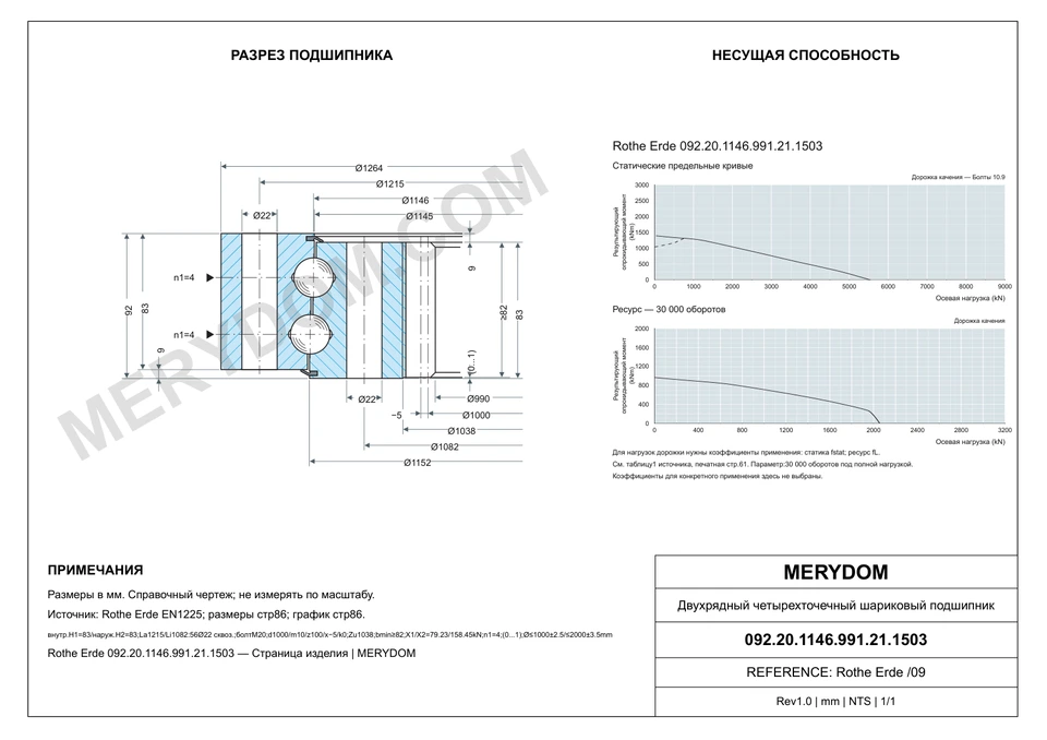 CAD-чертёж опорно-поворотного устройства MERYDOM для замены Rothe Erde 092.20.1146.991.21.1503 с размерами и монтажными отверстиями.