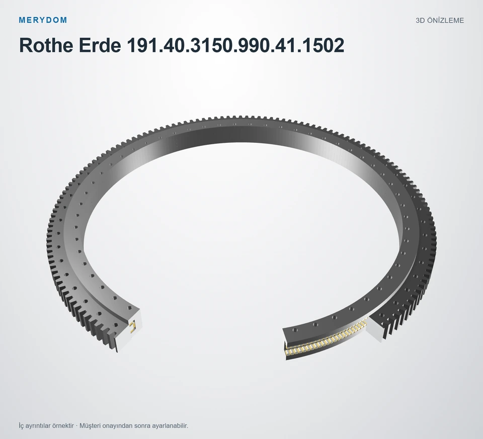 Rothe Erde 191.40.3150.990.41.1502 için MERYDOM muadil döner tabla rulmanının 3D model önizlemesi.