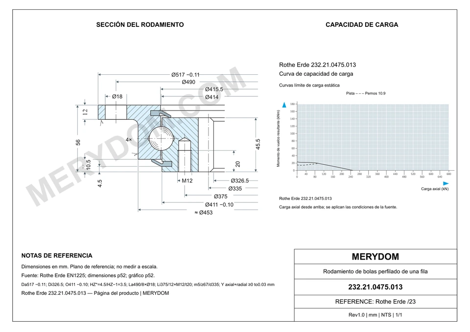 Plano CAD de la corona de giro de sustitución MERYDOM para Rothe Erde 232.21.0475.013, con dimensiones y orificios de montaje.