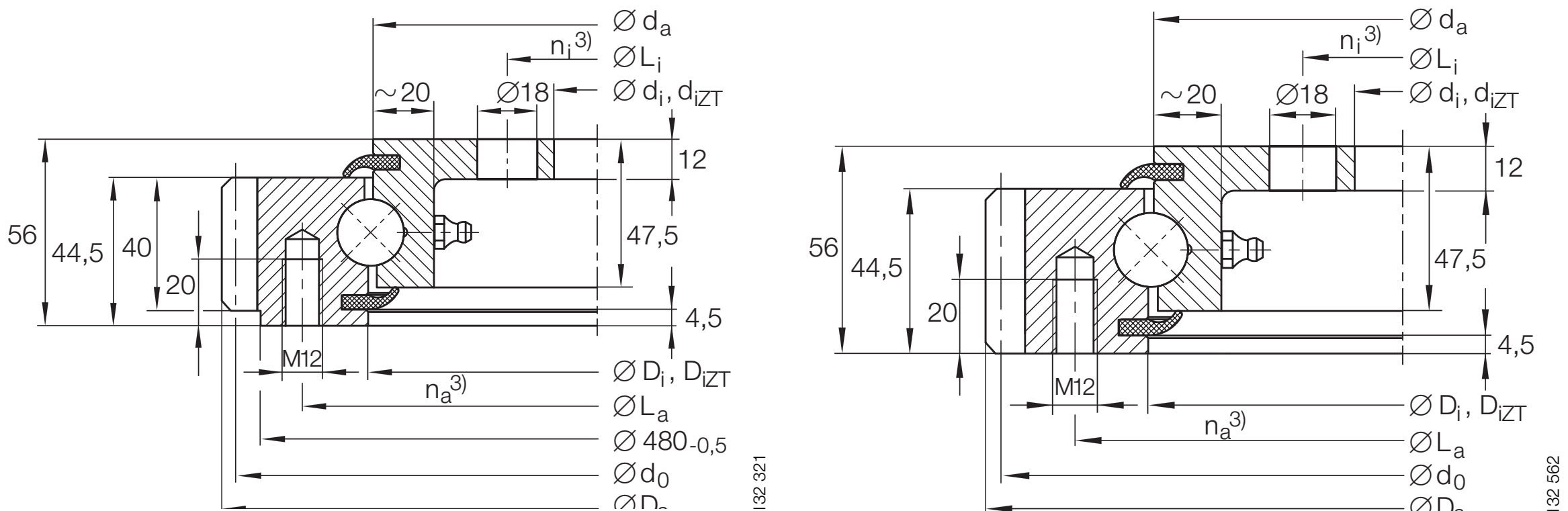 INA VLA 200844 N slewing bearing replacement dimensional drawing