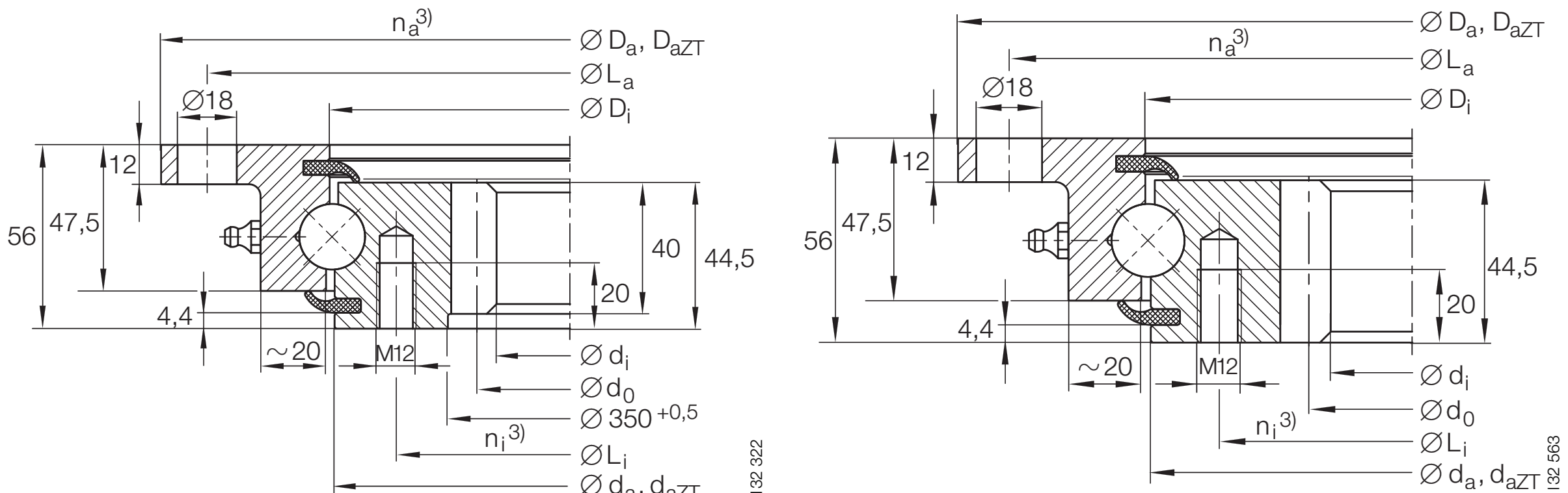 INA VLI 200844 N slewing bearing replacement dimensional drawing