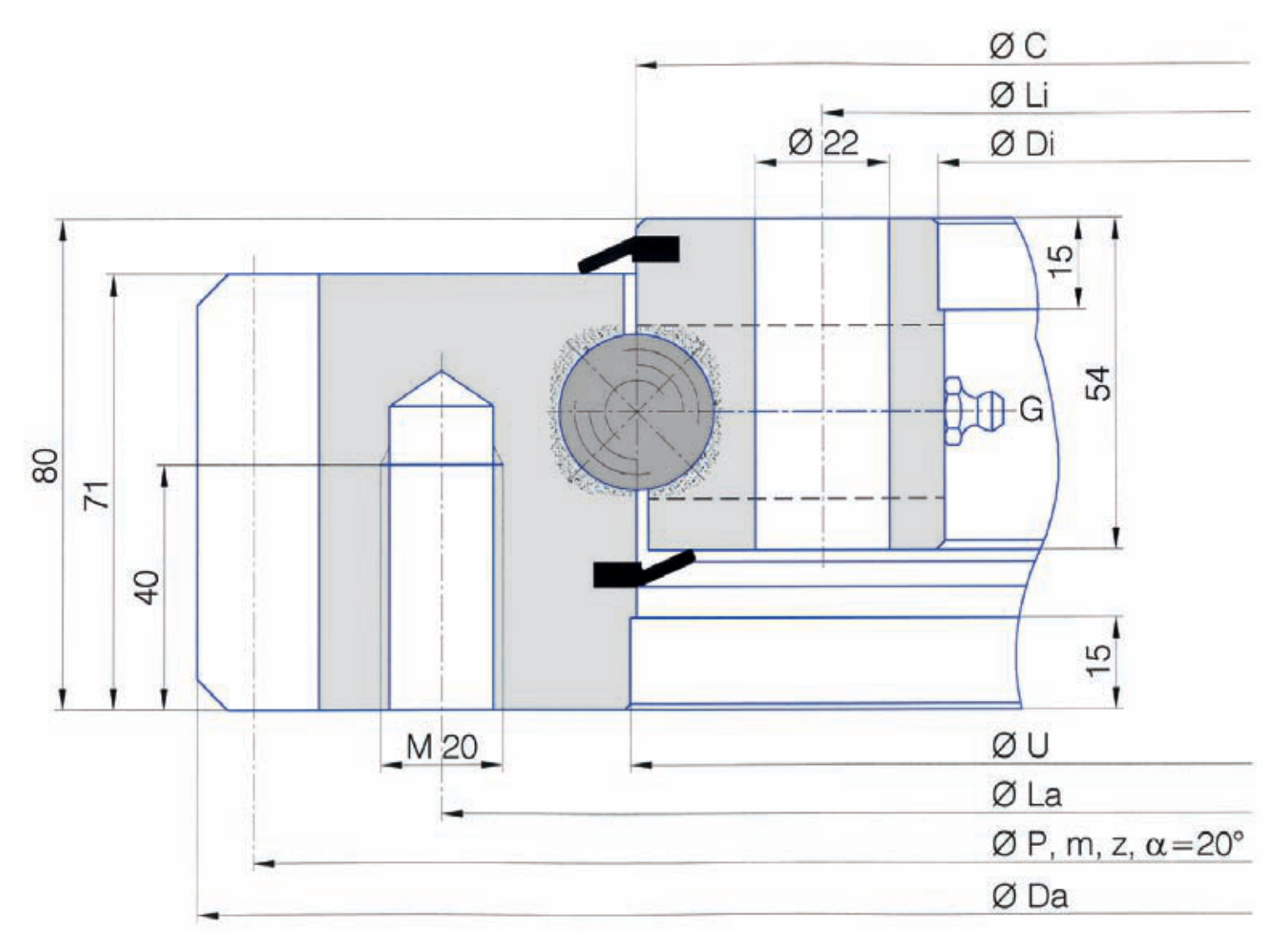 Torriani Gianni E.1200.25.00.B slewing bearing replacement dimensional drawing