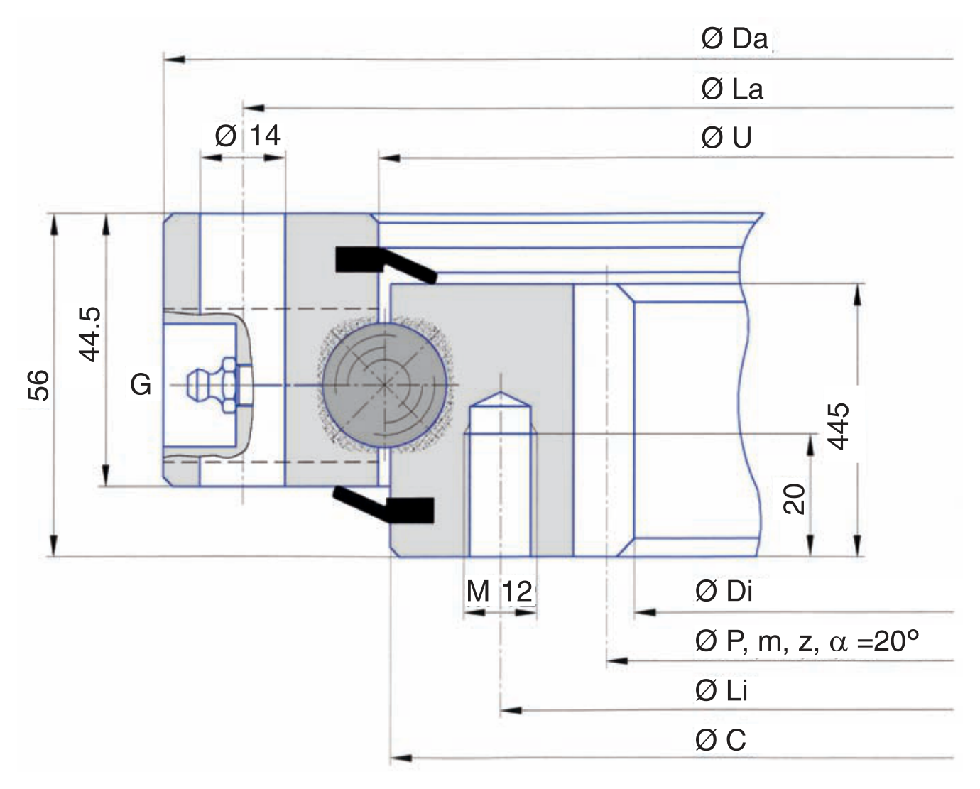 Torriani Gianni I.486.20.00.B slewing bearing replacement dimensional drawing